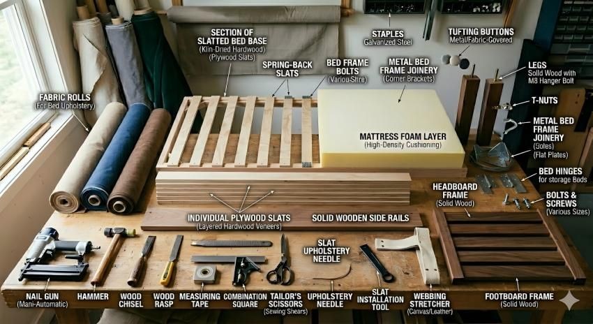 · Bed frame hardware kit with bolts, nuts, and metal brackets · Heavy-duty metal bed connectors and sofa mechanism accessories · Adjustable center support legs and joining systems for bed bases