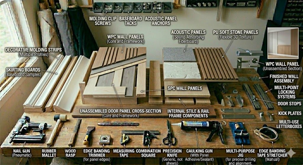 Assorted interior decoration materials including wall panels, films, and trims