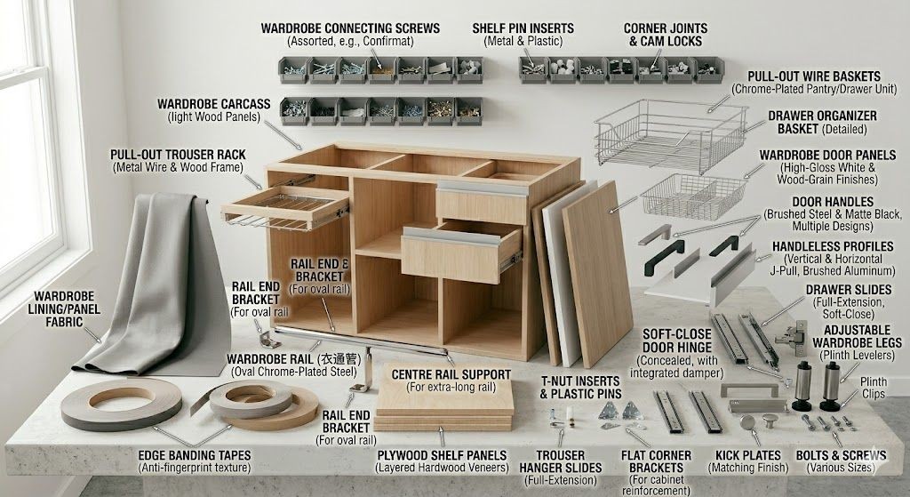 Soft-close cabinet hinges and drawer slides isolated on white background · Metal cabinet legs, shelf supports, and plastic end caps kit · Cabinet assembly hardware set with screws, dowels, and mounting brackets