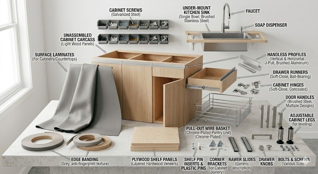  Soft-close drawer slides and kitchen hinges on white background · Metal kitchen legs, adjustable feet, and plastic end caps · Kitchen drawer runners, mounting brackets, and assembly hardware kit